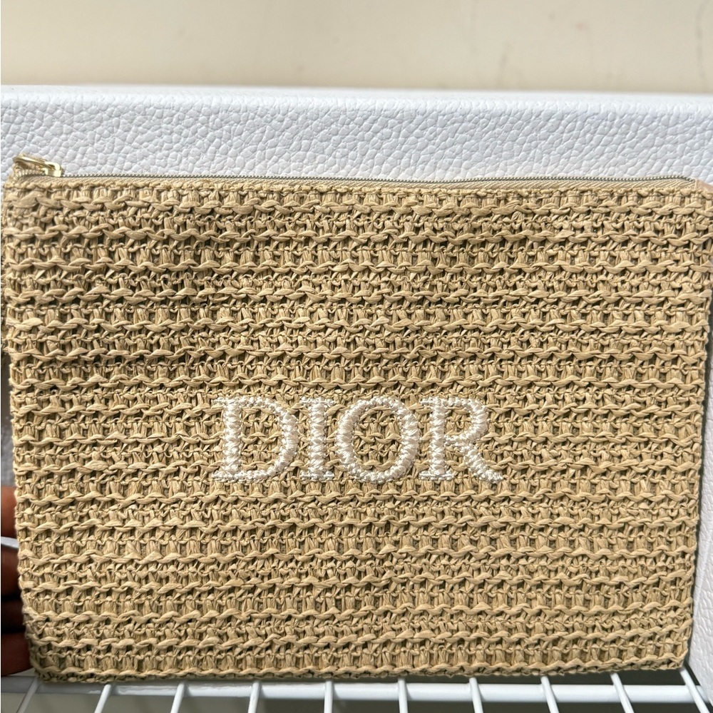 Dior Tan Raffia Clutch with Logo